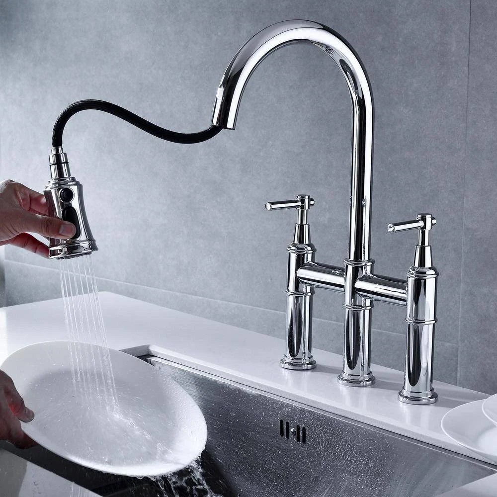Double Handle Pull Down Sprayer Kitchen Faucet In Chrome 7 Double Handle Pull Down Sprayer Kitchen Faucet In Chrome - Image 7