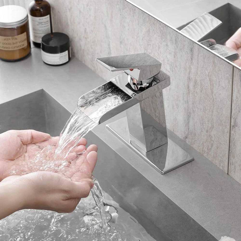 Sink Faucet With Deck Plate Waterfall Chrome Bathroom Faucets For Sink 1 Hole Or 3 Holes One Handle Faucets 7 Sink Faucet With Deck Plate Waterfall Chrome Bathroom Faucets For Sink 1 Hole Or 3 Holes One Handle Faucets - Image 7