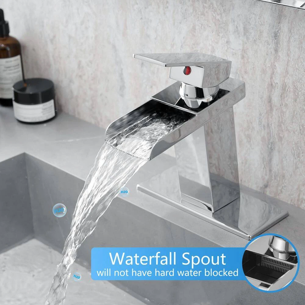 Sink Faucet With Deck Plate Waterfall Chrome Bathroom Faucets For Sink 1 Hole Or 3 Holes One Handle Faucets 6 Sink Faucet With Deck Plate Waterfall Chrome Bathroom Faucets For Sink 1 Hole Or 3 Holes One Handle Faucets - Image 6