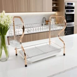2-Tier Silver Steel Standing Dish Rack With Plastic Draining Tray, Mug Stand, And Cutlery Holder