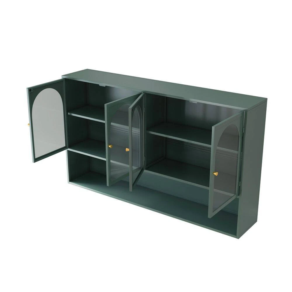 47.25 In. 4-Door Glass Wall Cabinet Storage, Wall-Mounted, Suitable For Kitchen, Living Room, Bathroom(Dark Green) 2 47.25 In. 4-Door Glass Wall Cabinet Storage, Wall-Mounted, Suitable For Kitchen, Living Room, Bathroom(Dark Green) - Image 2