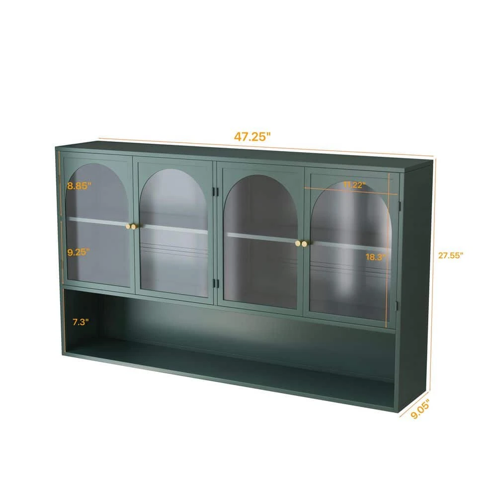 47.25 In. 4-Door Glass Wall Cabinet Storage, Wall-Mounted, Suitable For Kitchen, Living Room, Bathroom(Dark Green) 6 47.25 In. 4-Door Glass Wall Cabinet Storage, Wall-Mounted, Suitable For Kitchen, Living Room, Bathroom(Dark Green) - Image 6