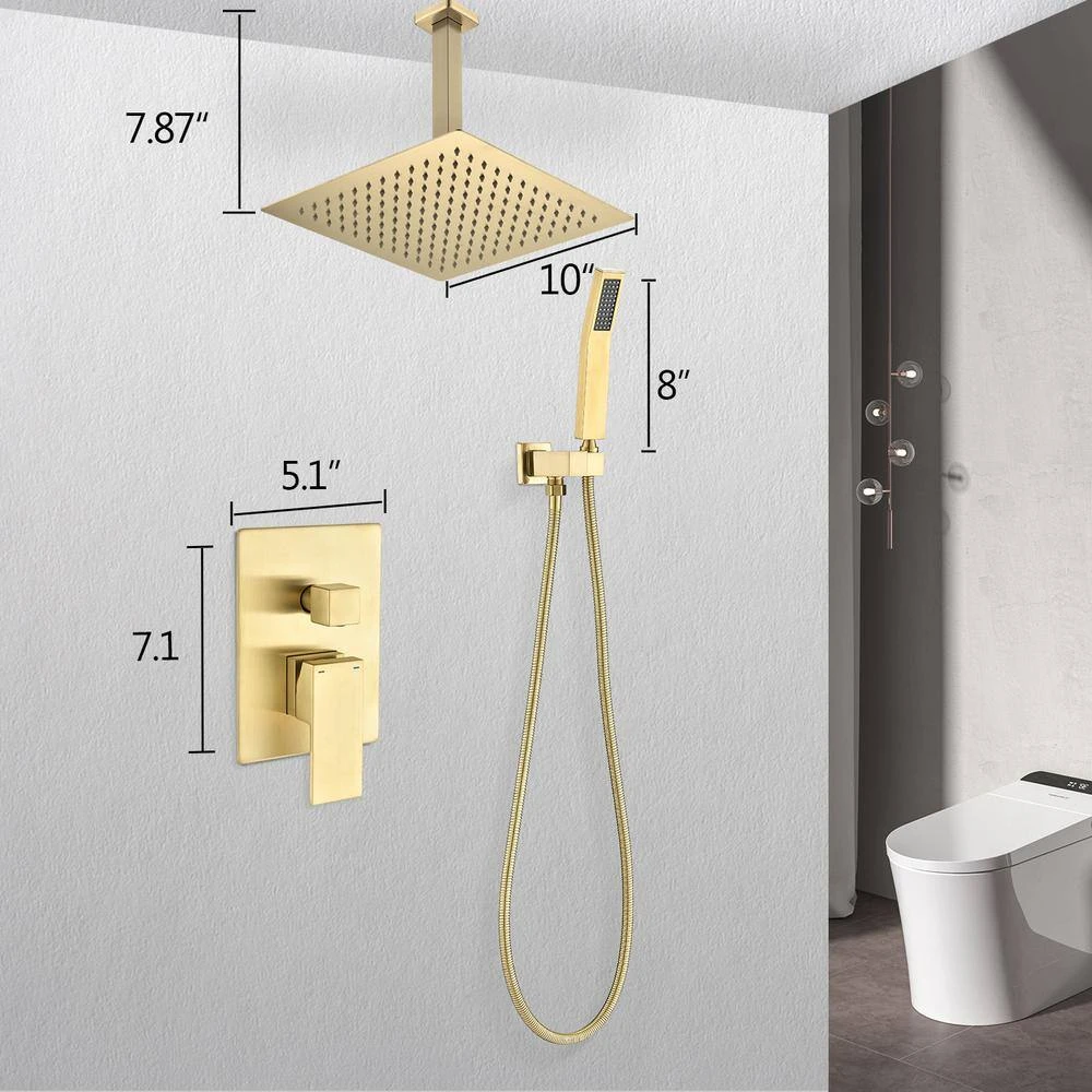2-Spray 2.5 GPM Ceiling Mounted Dual Shower System Combo Set With Handheld And 10 In. Shower Head Gold 2 2-Spray 2.5 GPM Ceiling Mounted Dual Shower System Combo Set With Handheld And 10 In. Shower Head Gold - Image 2