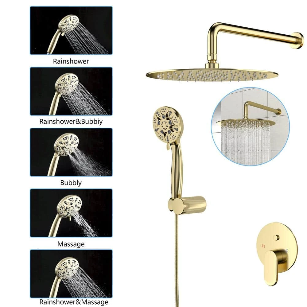 5-spray Dual 10 In. Wall Mount 1.8 GPM Shower Head And Handheld Shower Head In Gold 2 5-spray Dual 10 In. Wall Mount 1.8 GPM Shower Head And Handheld Shower Head In Gold - Image 2