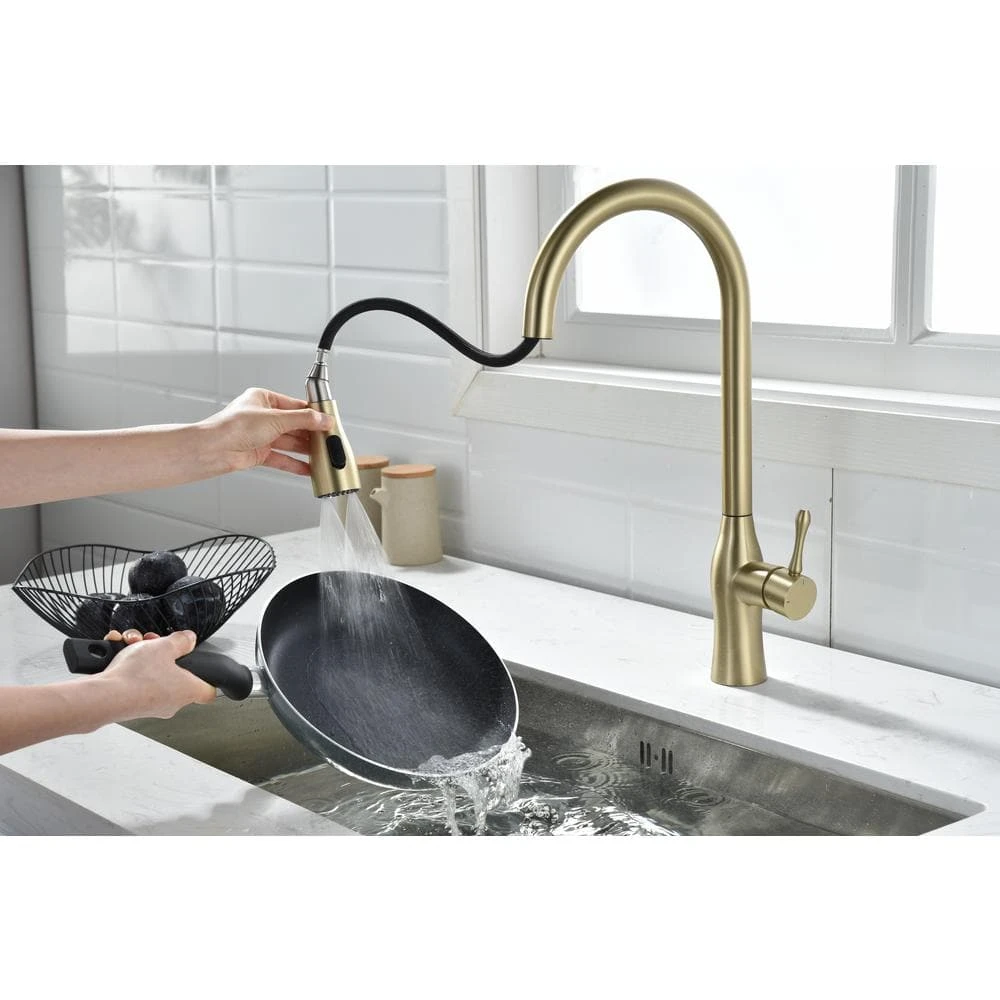 17.5-Single Handle Pull Down Sprayer Kitchen Faucet 360° Spout Swivel In Gold 8 17.5-Single Handle Pull Down Sprayer Kitchen Faucet 360° Spout Swivel In Gold - Image 8