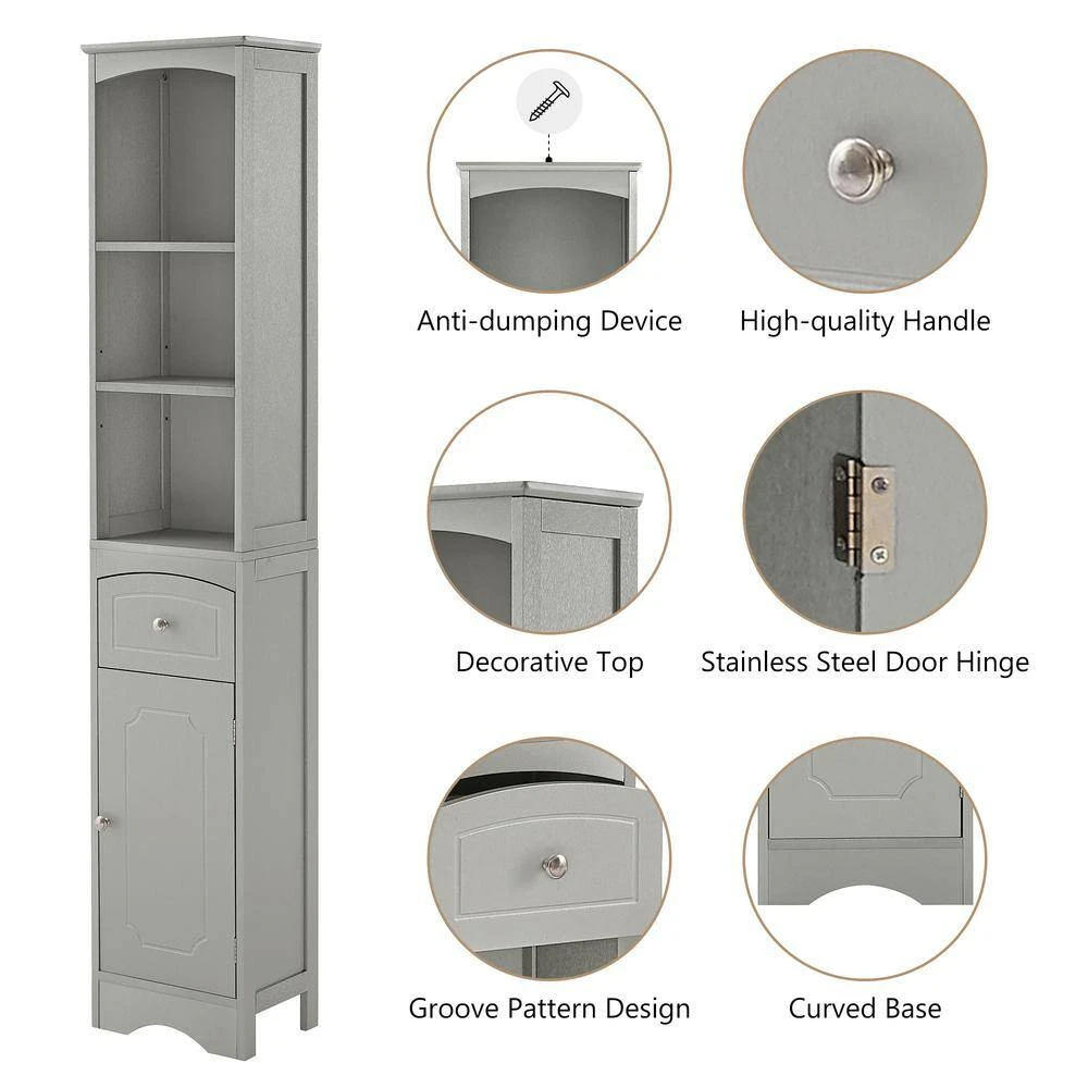 13.4 In. W X 9.1 In. D X 66.9 In. H Gray MDF Freestanding Linen Cabinet With Drawer In Gray 3 13.4 In. W X 9.1 In. D X 66.9 In. H Gray MDF Freestanding Linen Cabinet With Drawer In Gray - Image 3