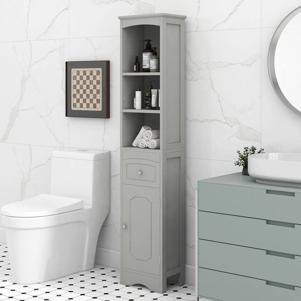 13.4 In. W X 9.1 In. D X 66.9 In. H Gray MDF Freestanding Linen Cabinet With Drawer In Gray 2 13.4 In. W X 9.1 In. D X 66.9 In. H Gray MDF Freestanding Linen Cabinet With Drawer In Gray - Image 2