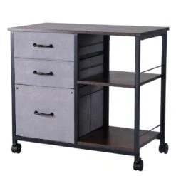 Mobile Metal File Cabinet With 3-Fabric Drawers And 2-Open Shelves In Gray