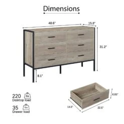 48.58 In. W Rustic Grey Wood Dresser: 6-Drawer Storage For Bedroom With Sturdy Steel Frame -FURITURE SALE SHOP gray tahanbath pantry organizers z w1820p145379 44 1000