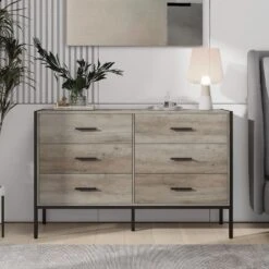 48.58 In. W Rustic Grey Wood Dresser: 6-Drawer Storage For Bedroom With Sturdy Steel Frame -FURITURE SALE SHOP gray tahanbath pantry organizers z w1820p145379 4f 1000