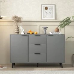 47.2 In. Gray Wood Kitchen Cabinet With 3 Drawers And 2 Doors-Storage Sideboard Buffet For Coffee Bar -FURITURE SALE SHOP gray tahanbath pantry organizers z w409p171862 1f 1000