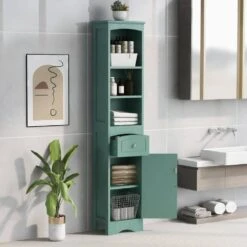 13.4 In. W X 9.1 In. D X 66.9 In. H Green MDF Freestanding Linen Cabinet With Drawer In Green -FURITURE SALE SHOP green tahanbath linen cabinets q g wf289423aac 31 1000