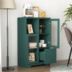 MDF Painted Cabinet With Glass Doors And Drawer, Open Storage Space,Bedroom, Living Room In Green -FURITURE SALE SHOP green tahanbath pantry organizers z b061110707 31 1000