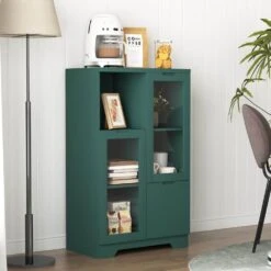 MDF Painted Cabinet With Glass Doors And Drawer, Open Storage Space,Bedroom, Living Room In Green -FURITURE SALE SHOP green tahanbath pantry organizers z b061110707 76 1000