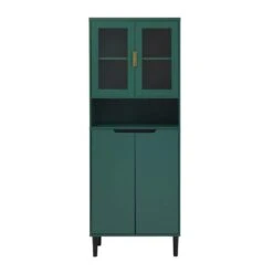 4-Door Tall Storage Bookcase: Tempered Glass, Adjustable Shelves In Green