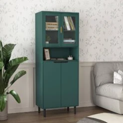 4-Door Tall Storage Bookcase: Tempered Glass, Adjustable Shelves In Green -FURITURE SALE SHOP green tahanbath pantry organizers z w370116727 fa 1000