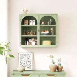 27.56 In. Green Glass-Door Wall Cabinet, Woven Pattern, 3-Tier, For Various Rooms -FURITURE SALE SHOP green tahanbath pantry organizers z w757135228 4f 1000