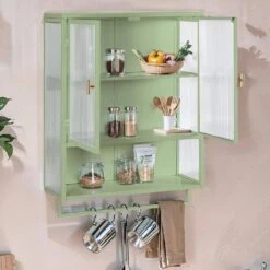 23.62 In. Modern Green 2-Door Wall Cabinet With 2-Tier Storage, Open Shelf, And Towel Rack For Multiple Rooms -FURITURE SALE SHOP green tahanbath pantry organizers z w757143037 1d 1000