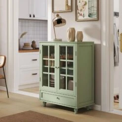 Minimalism Wooden Buffet : Double Glass Doors, Drawer In Green -FURITURE SALE SHOP green tahanbath pantry organizers z w75763041 1f 1000