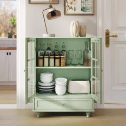 Minimalism Wooden Buffet : Double Glass Doors, Drawer In Green -FURITURE SALE SHOP green tahanbath pantry organizers z w75763041 44 1000