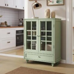 Minimalism Wooden Buffet : Double Glass Doors, Drawer In Green -FURITURE SALE SHOP green tahanbath pantry organizers z w75763041 4f 1000