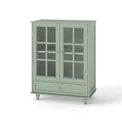 Minimalism Wooden Buffet : Double Glass Doors, Drawer In Green