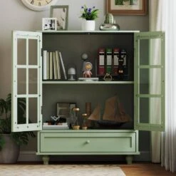 Minimalism Wooden Buffet : Double Glass Doors, Drawer In Green -FURITURE SALE SHOP green tahanbath pantry organizers z w75763041 fa 1000