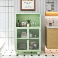 45.28 In. H Freestanding Green Bathroom/Living Room/Kitchen/Home Office Storage Cabinet With Glass Door And Shelves -FURITURE SALE SHOP green tahanbath pantry organizers z w757p205952 fa 1000