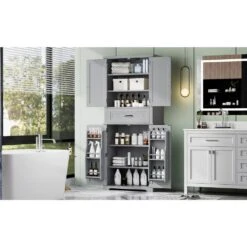 30.00 In. W X 15.70 In. D X 72.20 In. H In Grey Bathroom Storage Linen Cabinet With Doors, Drawer And Adjustable Shelf -FURITURE SALE SHOP grey tahanbath linen cabinets z n759p241667e 4f 1000