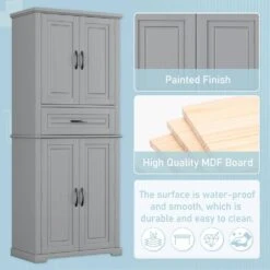 30.00 In. W X 15.70 In. D X 72.20 In. H In Grey Bathroom Storage Linen Cabinet With Doors, Drawer And Adjustable Shelf -FURITURE SALE SHOP grey tahanbath linen cabinets z n759p241667e 76 1000