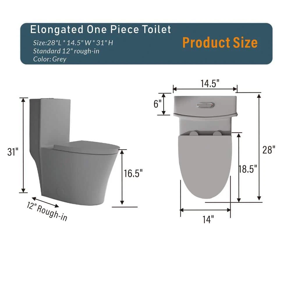 Dual Flush Single Flush: Other Elongated One Piece Toilet Grey 4 Dual Flush Single Flush: Other Elongated One Piece Toilet Grey - Image 4