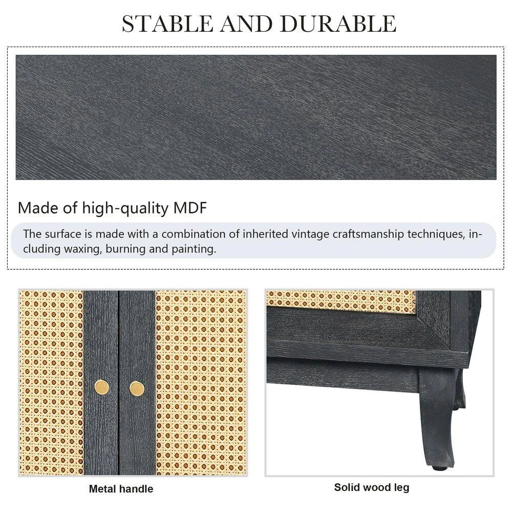 Dark Gray Rattan Sideboard Buffer Cabinet-Handcrafted With Premium Grain Panels, 4-Rattan Doors And Adjustable Shelves 4 Dark Gray Rattan Sideboard Buffer Cabinet-Handcrafted With Premium Grain Panels, 4-Rattan Doors And Adjustable Shelves - Image 4