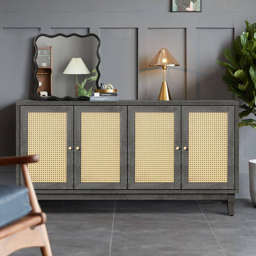 Dark Gray Rattan Sideboard Buffer Cabinet-Handcrafted With Premium Grain Panels, 4-Rattan Doors And Adjustable Shelves 5 Dark Gray Rattan Sideboard Buffer Cabinet-Handcrafted With Premium Grain Panels, 4-Rattan Doors And Adjustable Shelves - Image 5