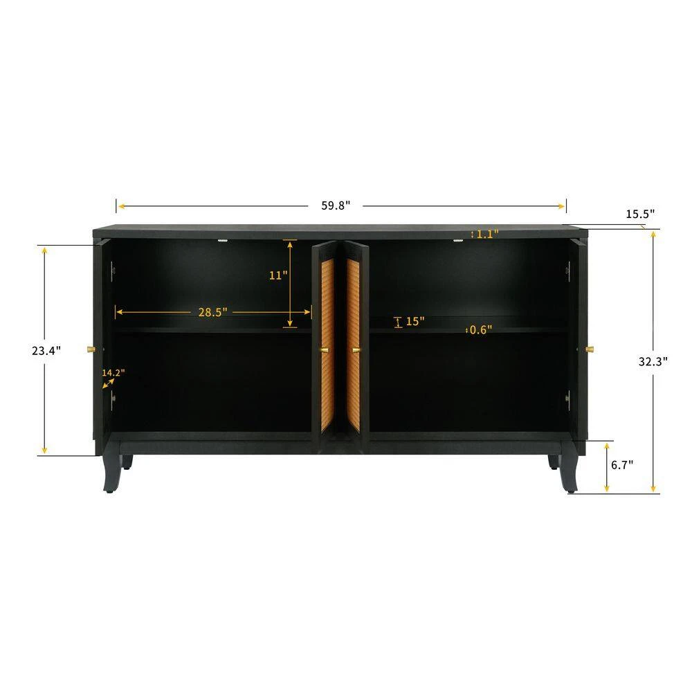 Dark Gray Rattan Sideboard Buffer Cabinet-Handcrafted With Premium Grain Panels, 4-Rattan Doors And Adjustable Shelves 1 Dark Gray Rattan Sideboard Buffer Cabinet-Handcrafted With Premium Grain Panels, 4-Rattan Doors And Adjustable Shelves