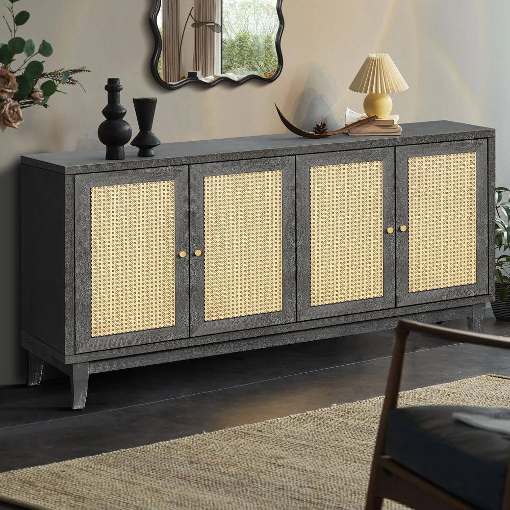 Dark Gray Rattan Sideboard Buffer Cabinet-Handcrafted With Premium Grain Panels, 4-Rattan Doors And Adjustable Shelves 7 Dark Gray Rattan Sideboard Buffer Cabinet-Handcrafted With Premium Grain Panels, 4-Rattan Doors And Adjustable Shelves - Image 7
