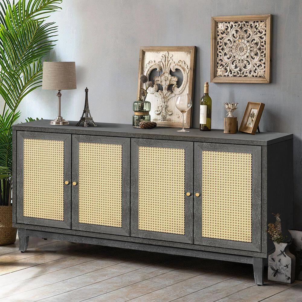 Dark Gray Rattan Sideboard Buffer Cabinet-Handcrafted With Premium Grain Panels, 4-Rattan Doors And Adjustable Shelves 6 Dark Gray Rattan Sideboard Buffer Cabinet-Handcrafted With Premium Grain Panels, 4-Rattan Doors And Adjustable Shelves - Image 6