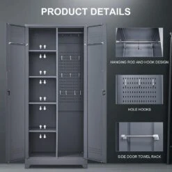 72.8 In Gray Metal Locker,Lockable Cleaning Tool Cabinet With Adjustable Shelves -FURITURE SALE SHOP grey tahanbath pantry organizers z w688134397 4f 1000
