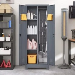 65 In.H Broom Storage Cabinet: Locking Doors, Hanging Rod In Grey -FURITURE SALE SHOP grey tahanbath pantry organizers z w688p170029 1f 1000