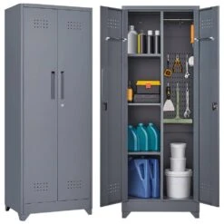 65 In.H Broom Storage Cabinet: Locking Doors, Hanging Rod In Grey -FURITURE SALE SHOP grey tahanbath pantry organizers z w688p170029 31 1000
