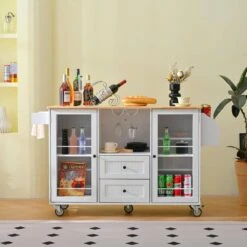 Kitchen Island Storage Trolley Cart On Wheels With Dropleaf Top, Towel/Spice Rack,2-Drawers, 2-Door Cabinet In White -FURITURE SALE SHOP ivory white tahanbath kitchen carts z wf312383aag 4f 1000