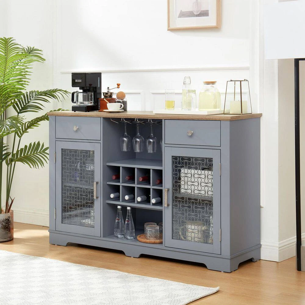Modern Farmhouse Buffet Cabinet: 2-Drawers, Glass Doors, Wine Rack-Light Blue/Oak, 56.46 In. W 4 Modern Farmhouse Buffet Cabinet: 2-Drawers, Glass Doors, Wine Rack-Light Blue/Oak, 56.46 In. W - Image 4