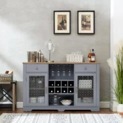 Modern Farmhouse Buffet Cabinet: 2-Drawers, Glass Doors, Wine Rack-Light Blue/Oak, 56.46 In. W 11 Modern Farmhouse Buffet Cabinet: 2-Drawers, Glass Doors, Wine Rack-Light Blue/Oak, 56.46 In. W -FURITURE SALE SHOP light blue tahanbath pantry organizers z w1758p147682 44 1000