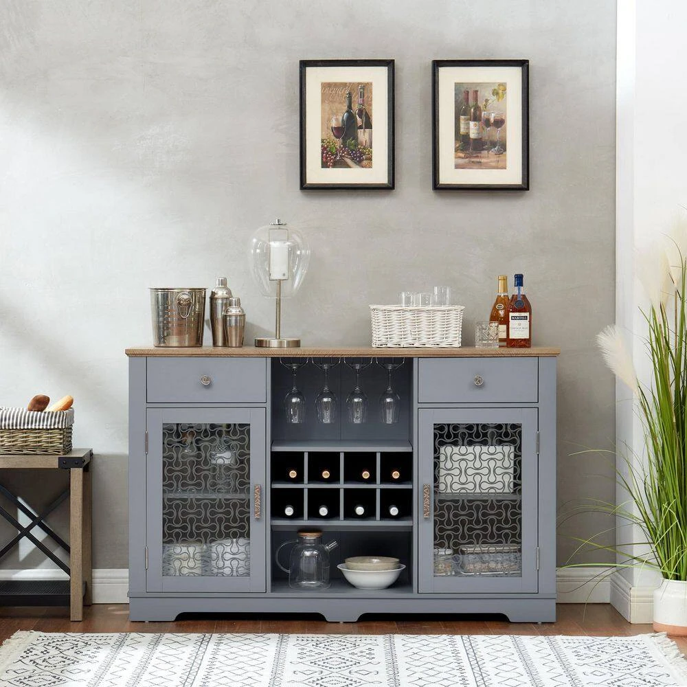Modern Farmhouse Buffet Cabinet: 2-Drawers, Glass Doors, Wine Rack-Light Blue/Oak, 56.46 In. W 5 Modern Farmhouse Buffet Cabinet: 2-Drawers, Glass Doors, Wine Rack-Light Blue/Oak, 56.46 In. W - Image 5