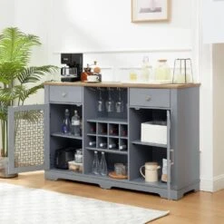 Modern Farmhouse Buffet Cabinet: 2-Drawers, Glass Doors, Wine Rack-Light Blue/Oak, 56.46 In. W 9 Modern Farmhouse Buffet Cabinet: 2-Drawers, Glass Doors, Wine Rack-Light Blue/Oak, 56.46 In. W -FURITURE SALE SHOP light blue tahanbath pantry organizers z w1758p147682 4f 1000