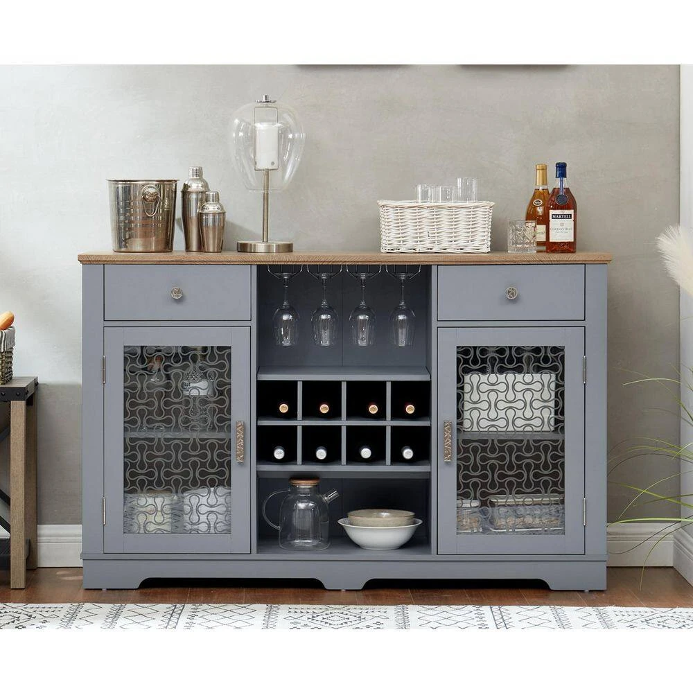 Modern Farmhouse Buffet Cabinet: 2-Drawers, Glass Doors, Wine Rack-Light Blue/Oak, 56.46 In. W 7 Modern Farmhouse Buffet Cabinet: 2-Drawers, Glass Doors, Wine Rack-Light Blue/Oak, 56.46 In. W - Image 7