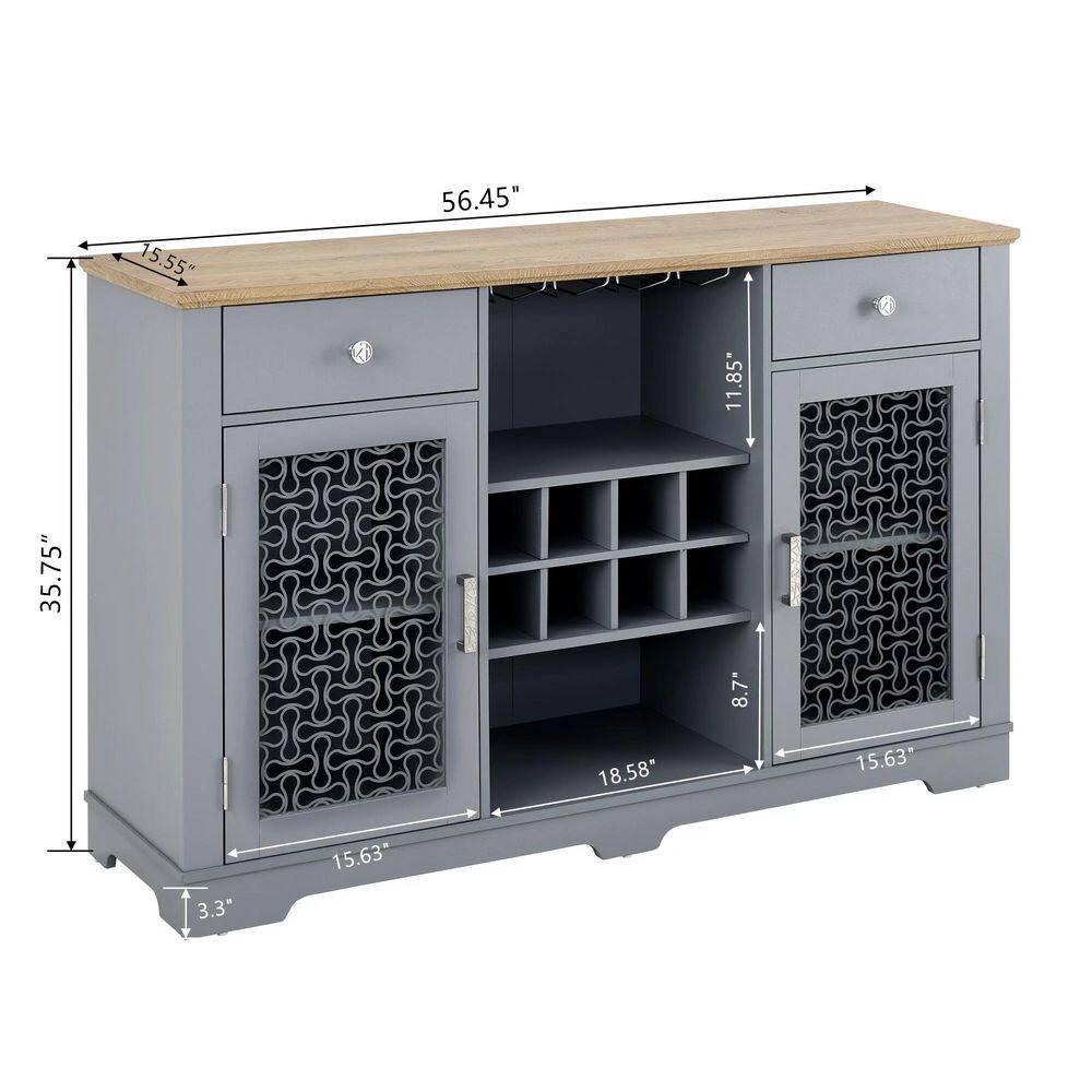 Modern Farmhouse Buffet Cabinet: 2-Drawers, Glass Doors, Wine Rack-Light Blue/Oak, 56.46 In. W 2 Modern Farmhouse Buffet Cabinet: 2-Drawers, Glass Doors, Wine Rack-Light Blue/Oak, 56.46 In. W - Image 2