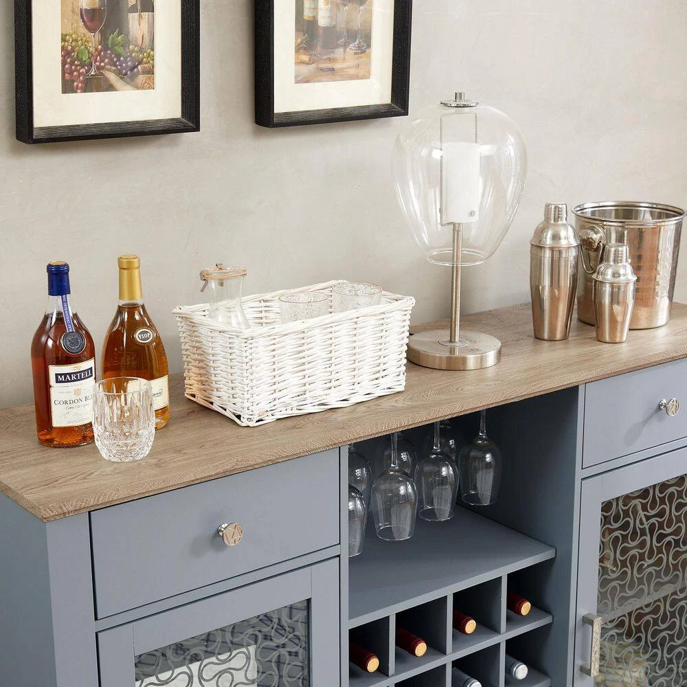 Modern Farmhouse Buffet Cabinet: 2-Drawers, Glass Doors, Wine Rack-Light Blue/Oak, 56.46 In. W 6 Modern Farmhouse Buffet Cabinet: 2-Drawers, Glass Doors, Wine Rack-Light Blue/Oak, 56.46 In. W - Image 6