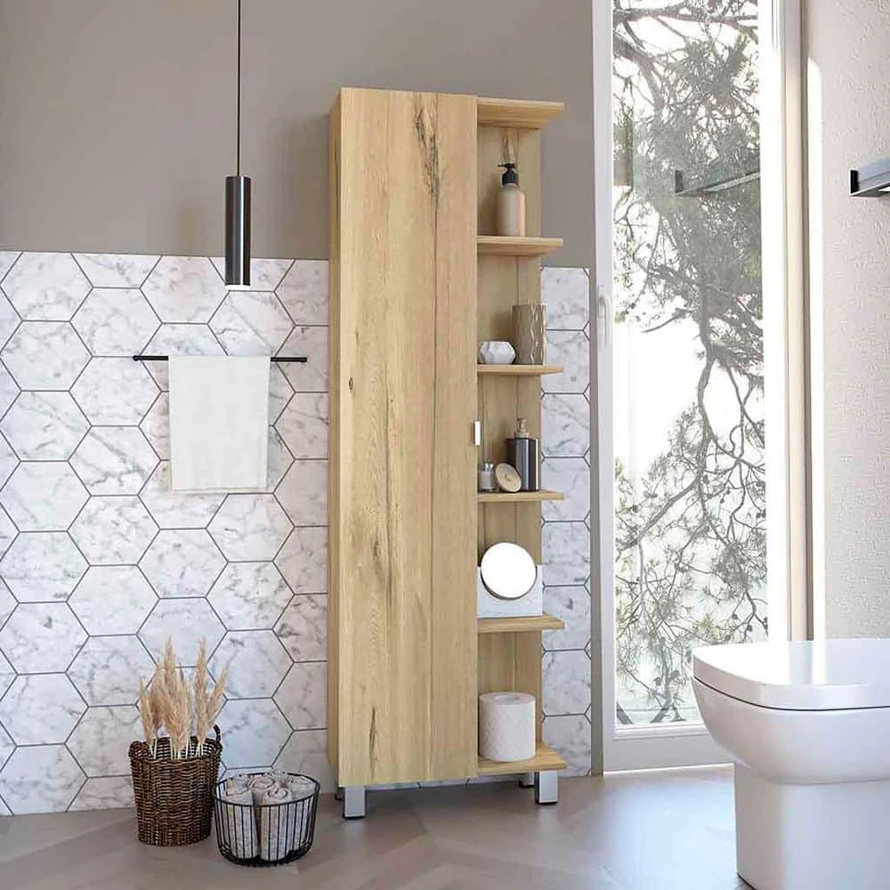 20.15 In. W X 8.45 In. D X 62.20 In. H Yellow Particle Board Freestanding Linen Cabinet With 5 Shelves In Light Oak 2 20.15 In. W X 8.45 In. D X 62.20 In. H Yellow Particle Board Freestanding Linen Cabinet With 5 Shelves In Light Oak - Image 2