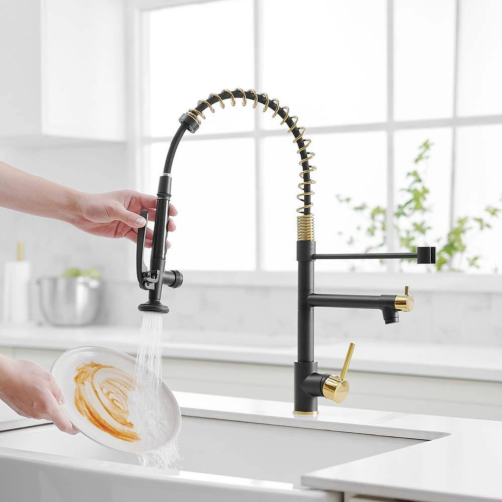 The Single-Handle Pull Down Sprayer Kitchen Faucet With 2 Spout?with Lock, In Matte Black And Gold 7 The Single-Handle Pull Down Sprayer Kitchen Faucet With 2 Spout?with Lock, In Matte Black And Gold - Image 7