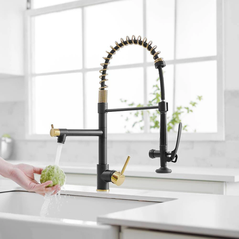 The Single-Handle Pull Down Sprayer Kitchen Faucet With 2 Spout?with Lock, In Matte Black And Gold 5 The Single-Handle Pull Down Sprayer Kitchen Faucet With 2 Spout?with Lock, In Matte Black And Gold - Image 5